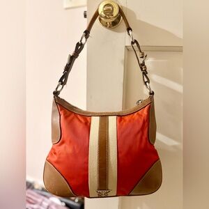 Vintage Y2K PRADA Tessuto Orange Nylon Caramel Brown Leather Striped Hobo
